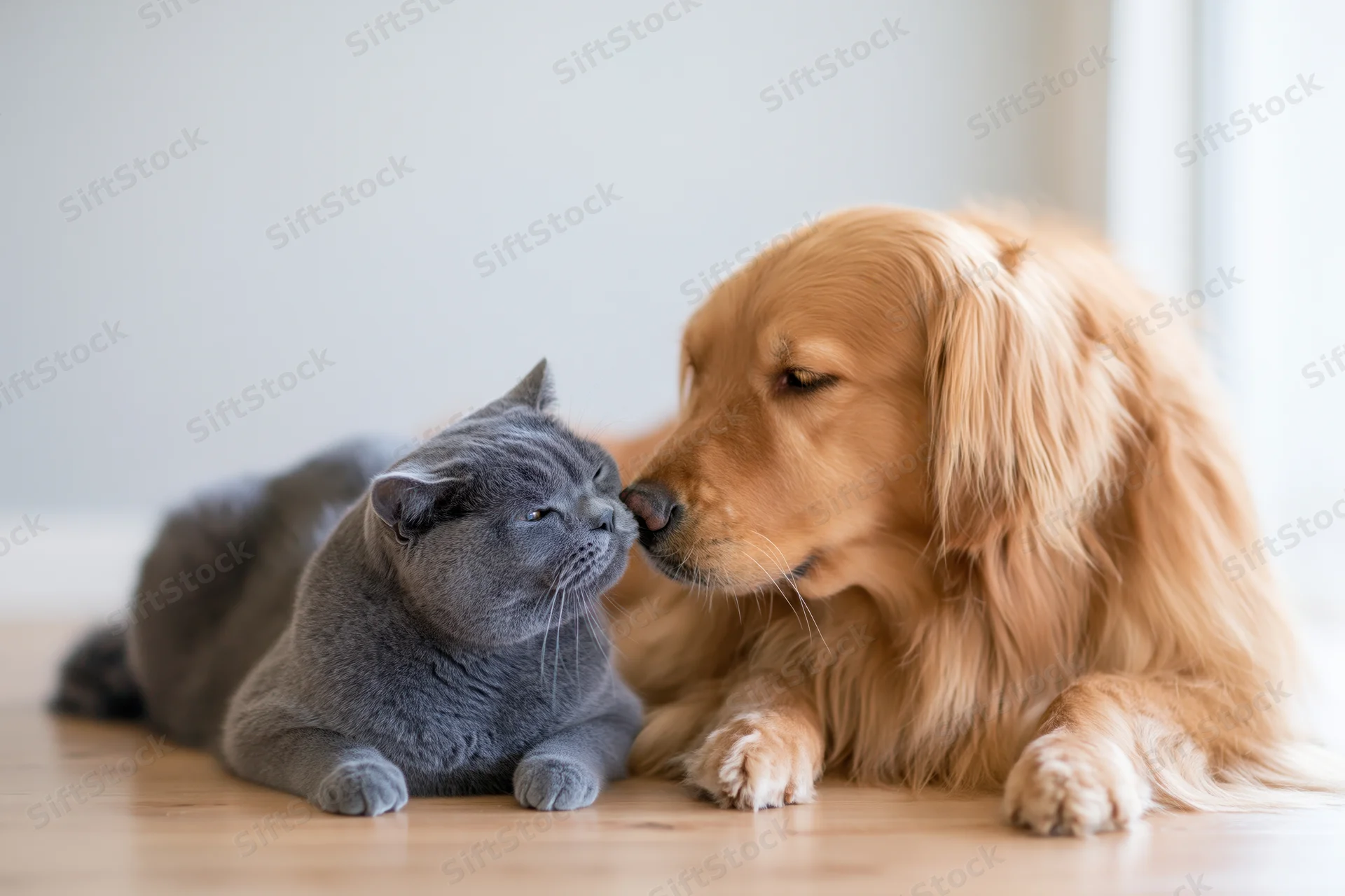Grey british shorthair cat nuzzling nose-to-nose with golden retriever dog on wooden floor indoors
