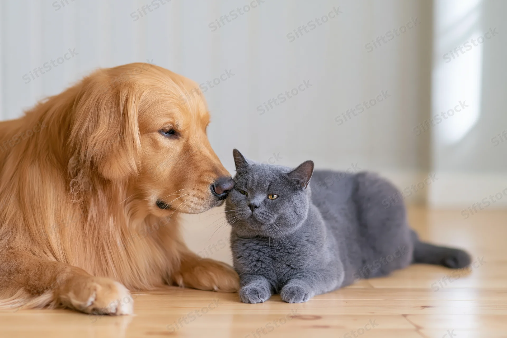 Golden retriever nuzzling nose-to-nose with grey british shorthair cat on wooden floor indoors
