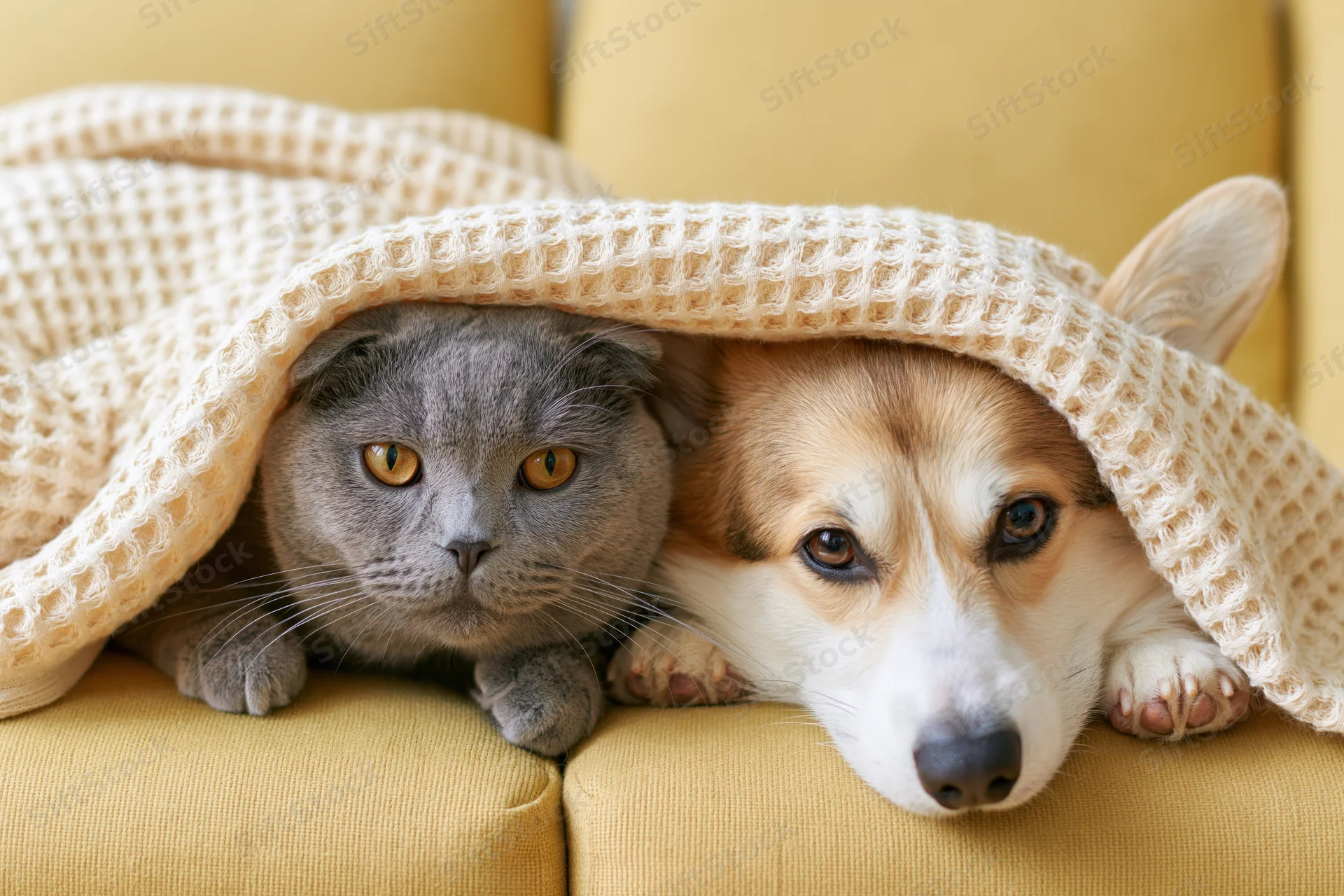 Grey scottish fold cat and pembroke welsh corgi lying together under knit blanket on yellow couch
