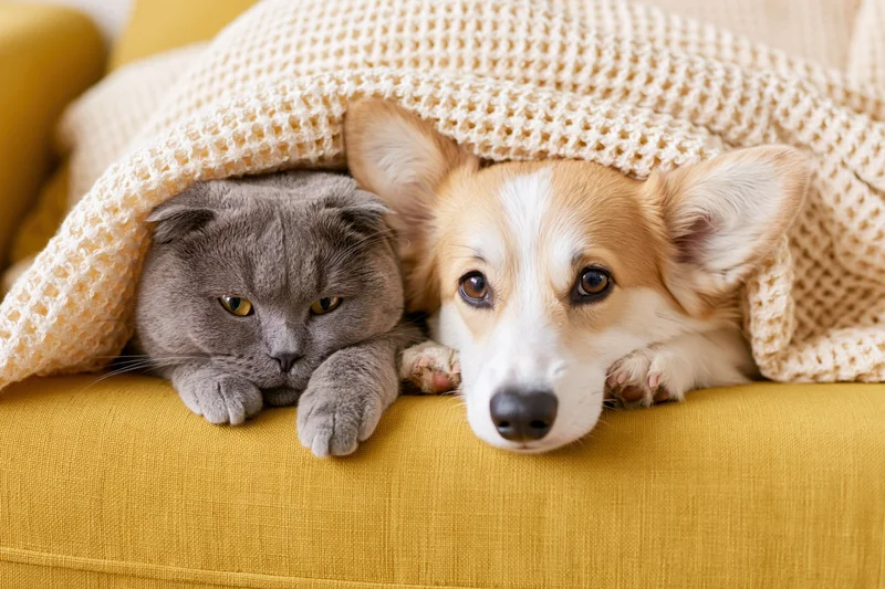 Grey scottishfold cat and pembrowelshcorgi dog resting together under knitted blanket on yellow couch