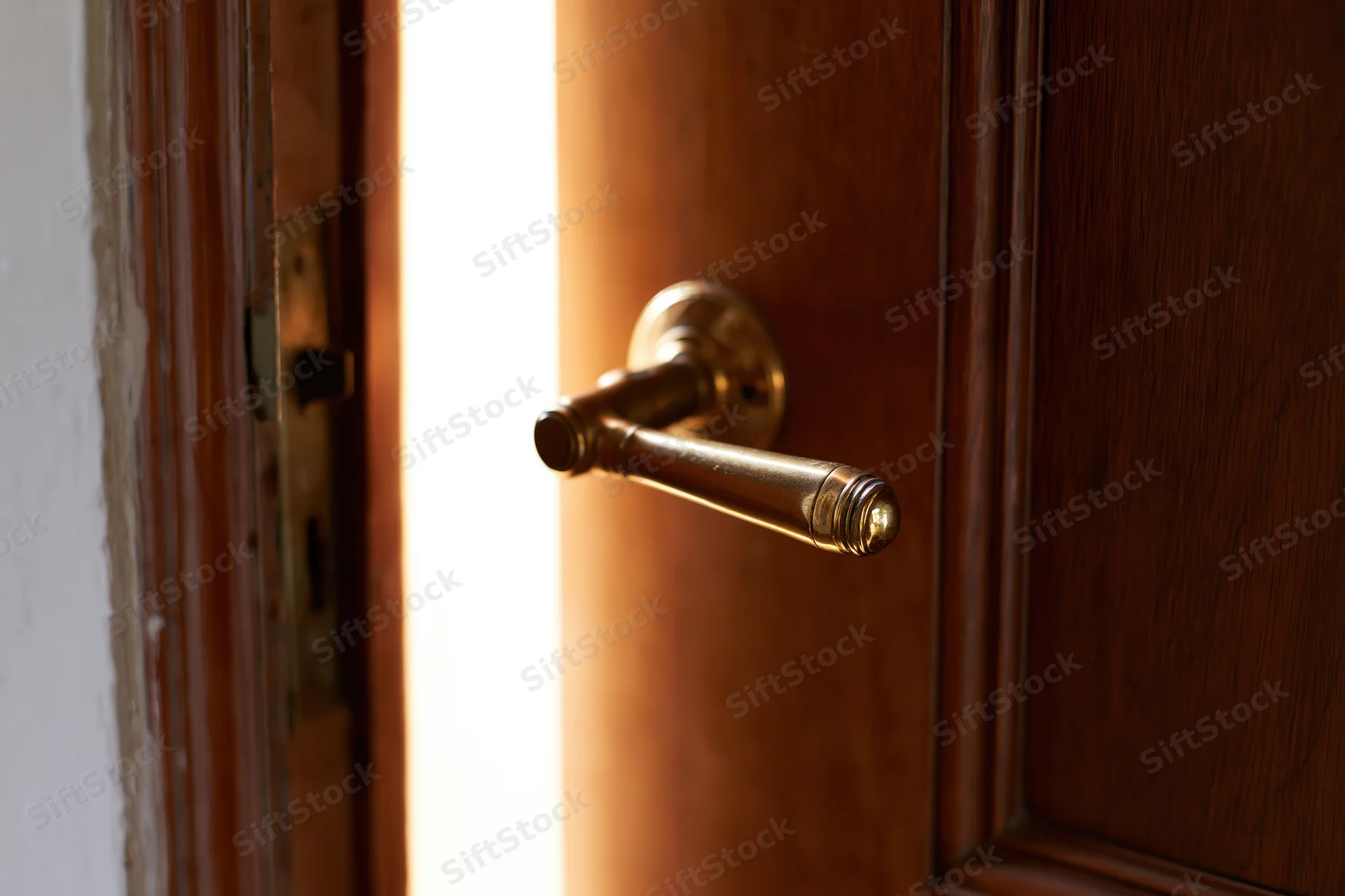 Wooden door with brass lever handle slightly ajar letting in bright light