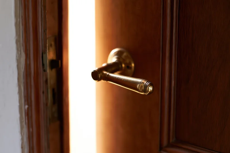Wooden door with brass lever handle slightly ajar letting in bright light