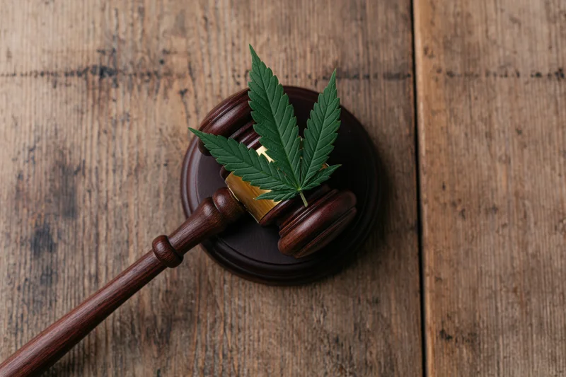 Cannabis leaf resting on a wooden gavel on a dark wooden surface