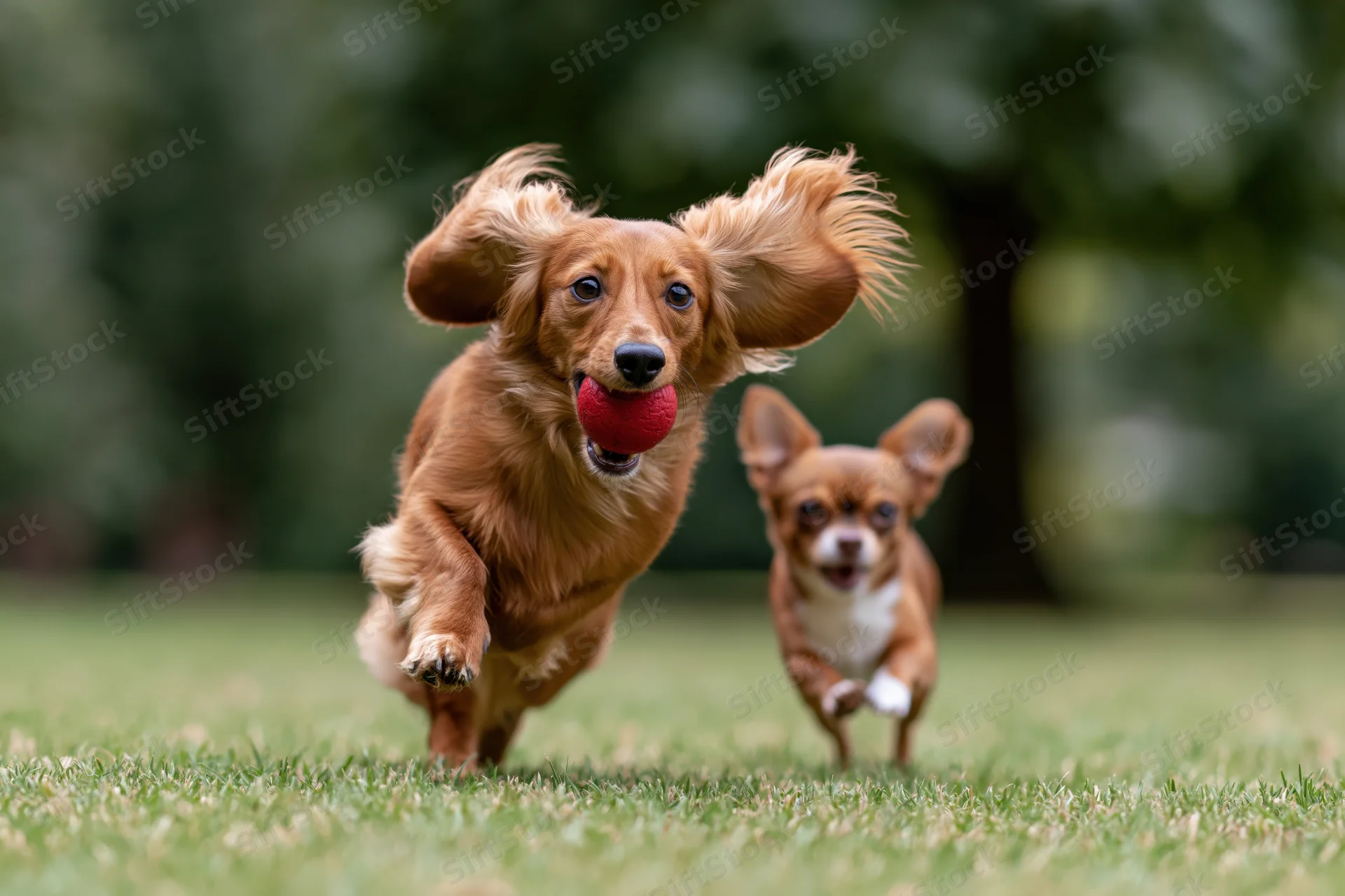 Long-haired dachshund running with red ball in mouth on grass with chihuahua following behind