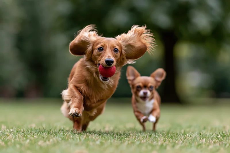 Long-haired dachshund running with red ball in mouth on grass with chihuahua following behind