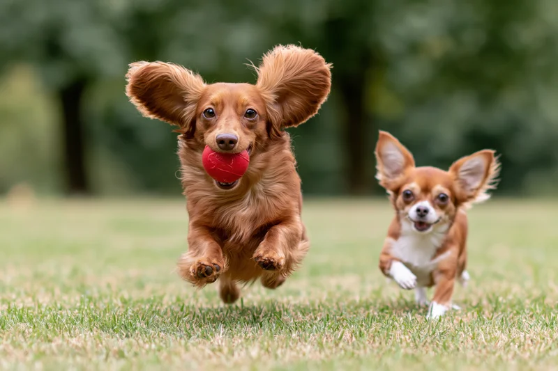 Long-haired dachshund running with red ball in mouth on grass, chihuahua running alongside in park