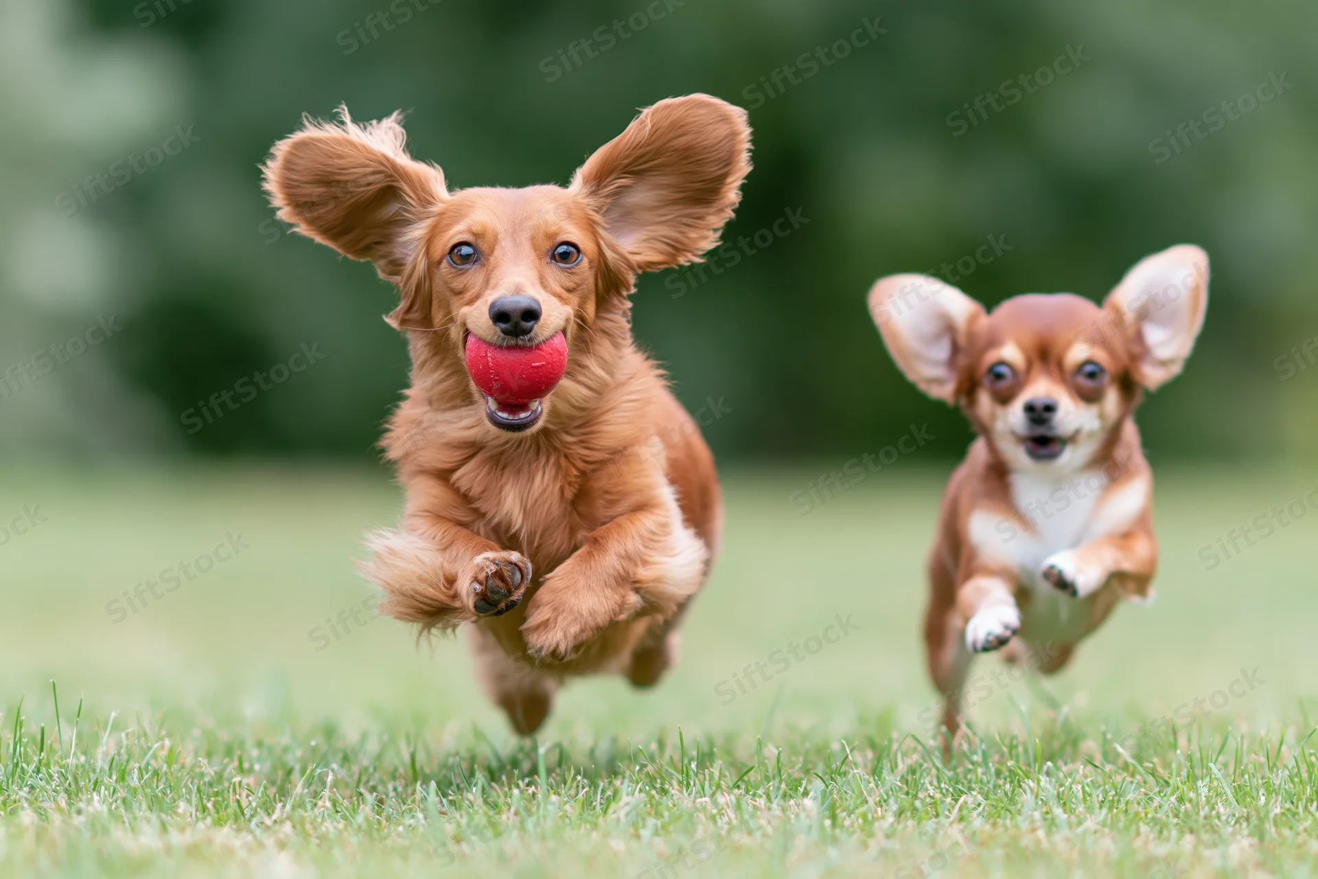 Long-haired dachshund running with red ball in mouth on grass, chihuahua running alongside