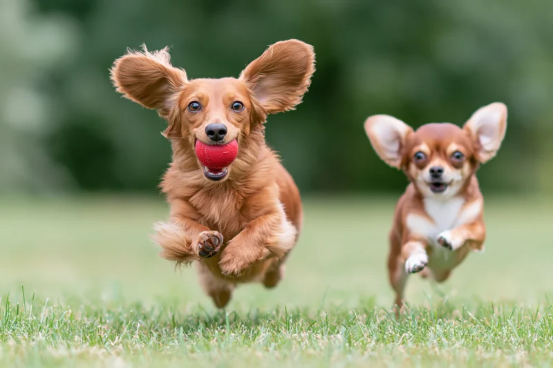 Long-haired dachshund running with red ball in mouth on grass, chihuahua running alongside