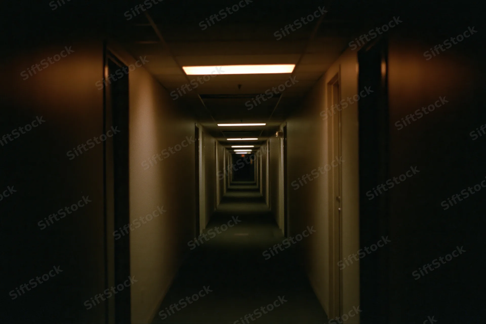 Long empty institutional hallway stretching into darkness with fluorescent lights and doors on both sides