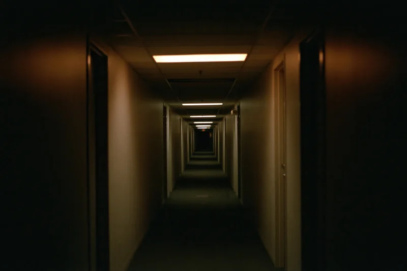 Long empty institutional hallway stretching into darkness with fluorescent lights and doors on both sides