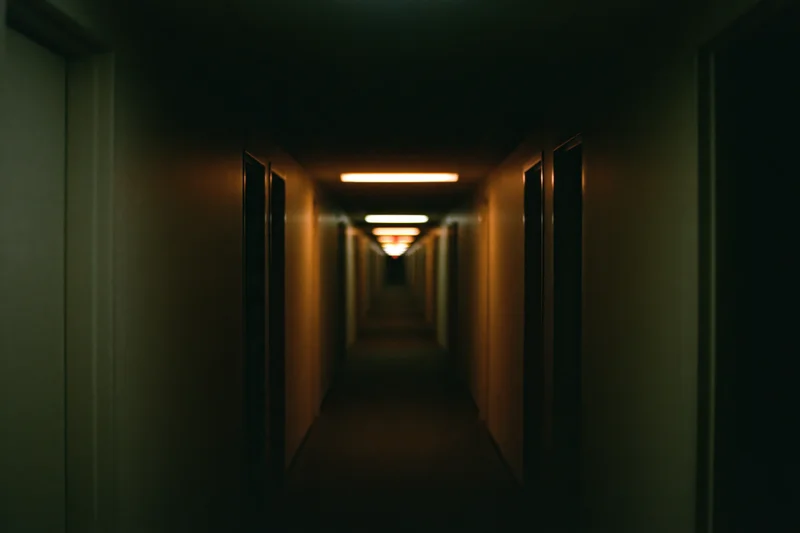 Long empty institutional hallway stretching into darkness with dim fluorescent lighting and repeating doors on both sides