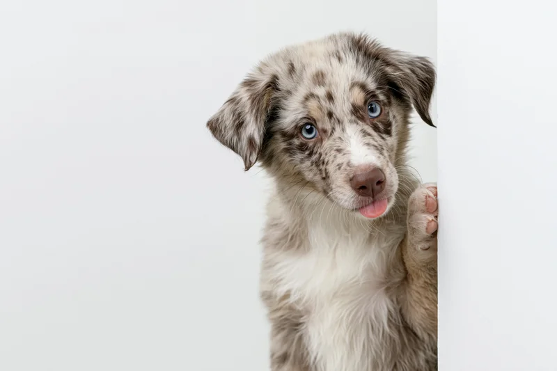 Merle australian shepherd puppy peeking from behind white surface with tongue out and front paw raised
