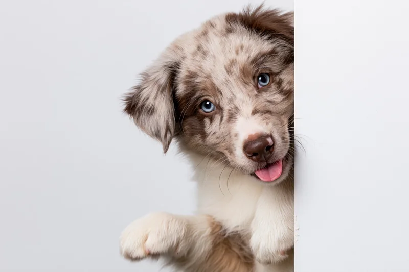 Merle australian shepherd puppy peeking from behind white panel with front paws raised