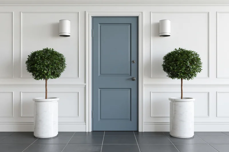 Centered slate-blue interior door flanked by white marble planters with green topiary plants in a white paneled hallway