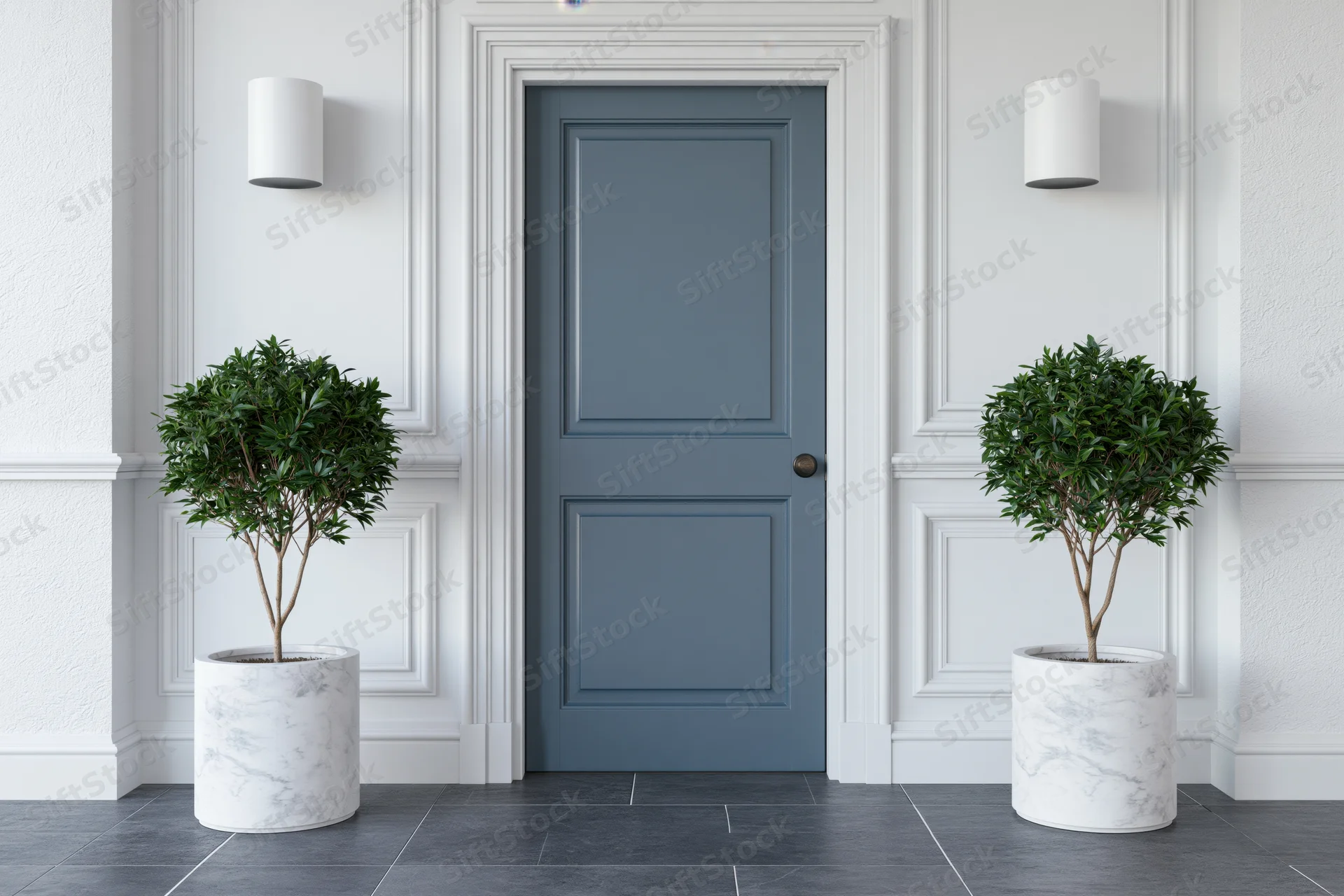 Slate-blue interior door centered between two potted plants in a white paneled entryway