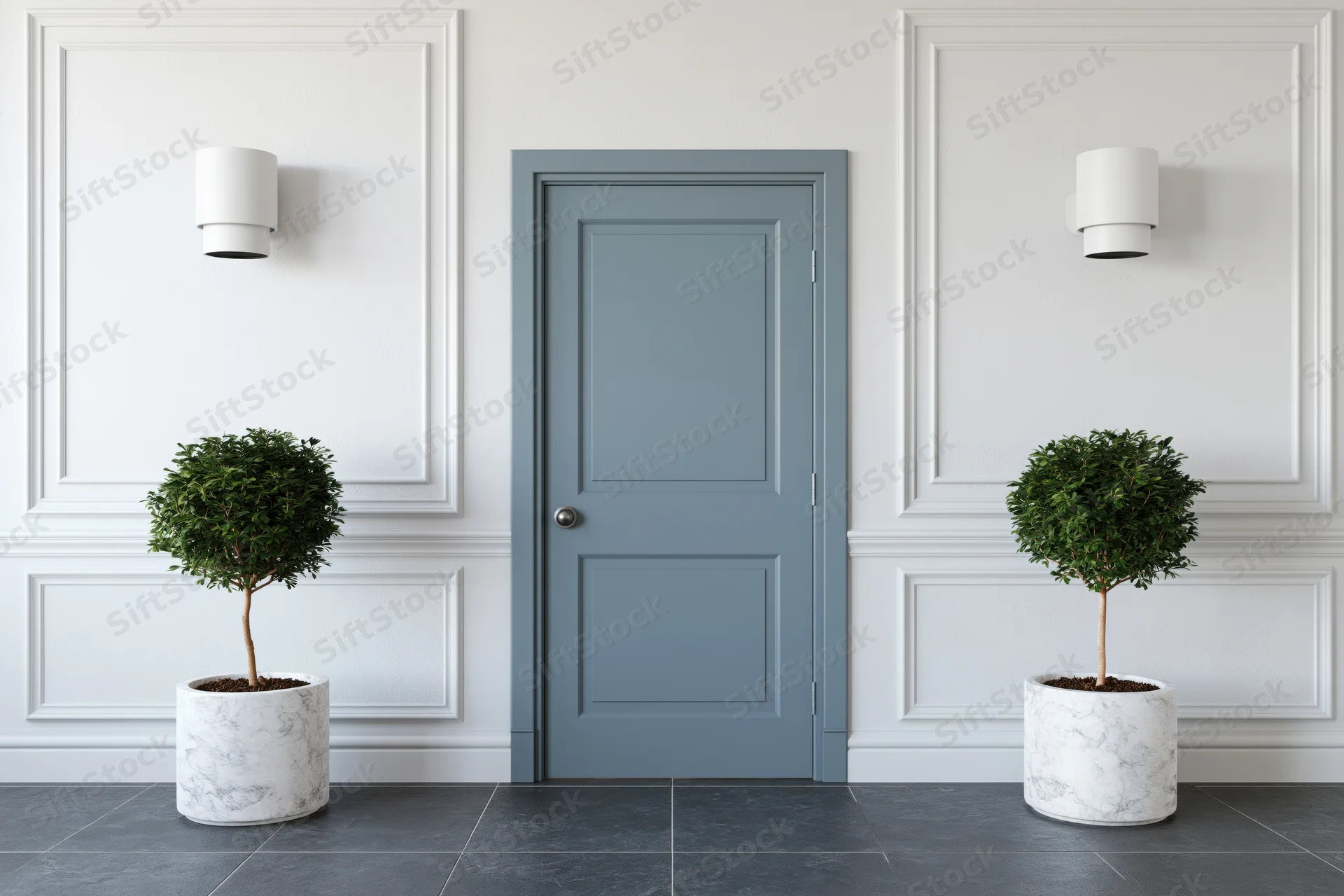 Centered slate-blue interior door flanked by white paneled walls and potted topiaries on gray tiled floor