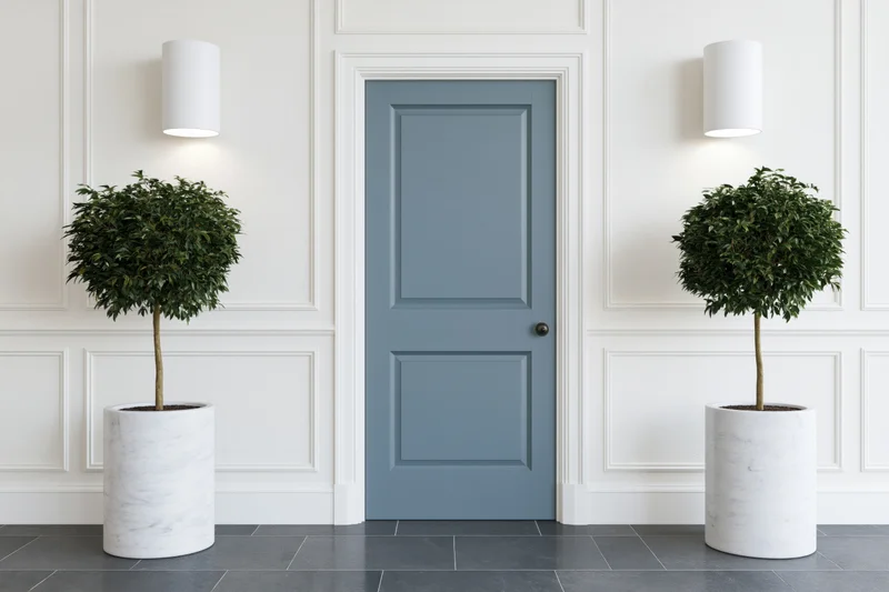 Centered blue interior door flanked by potted topiaries on white paneled walls