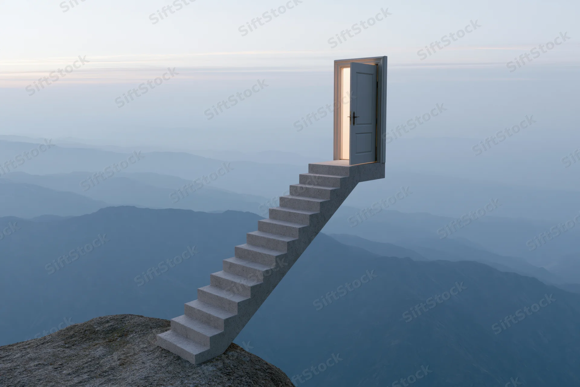 Concrete staircase rising from mountain cliff leading to open door against hazy horizon