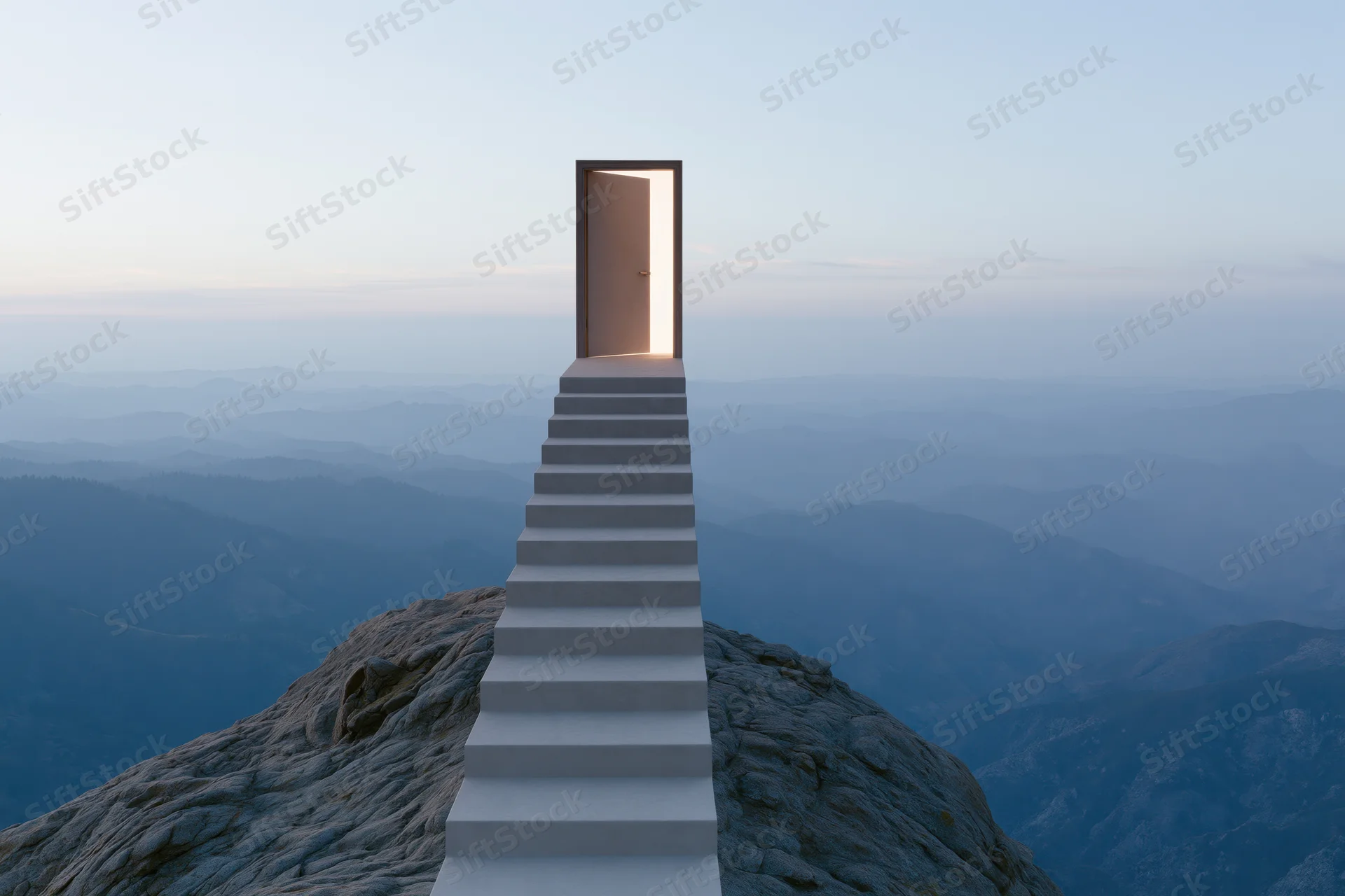 Concrete staircase leading to a glowing door atop a mountain peak