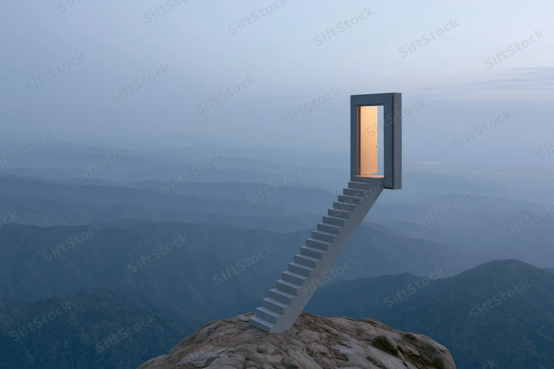 Concrete staircase rising from mountain peak leading to illuminated door against misty valley backdrop