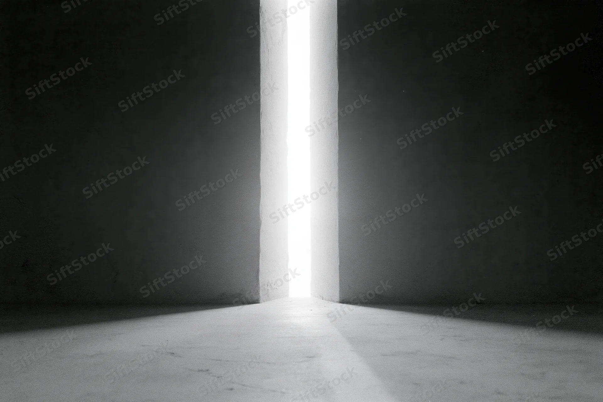 Narrow vertical gap between dark concrete walls letting in bright light onto floor