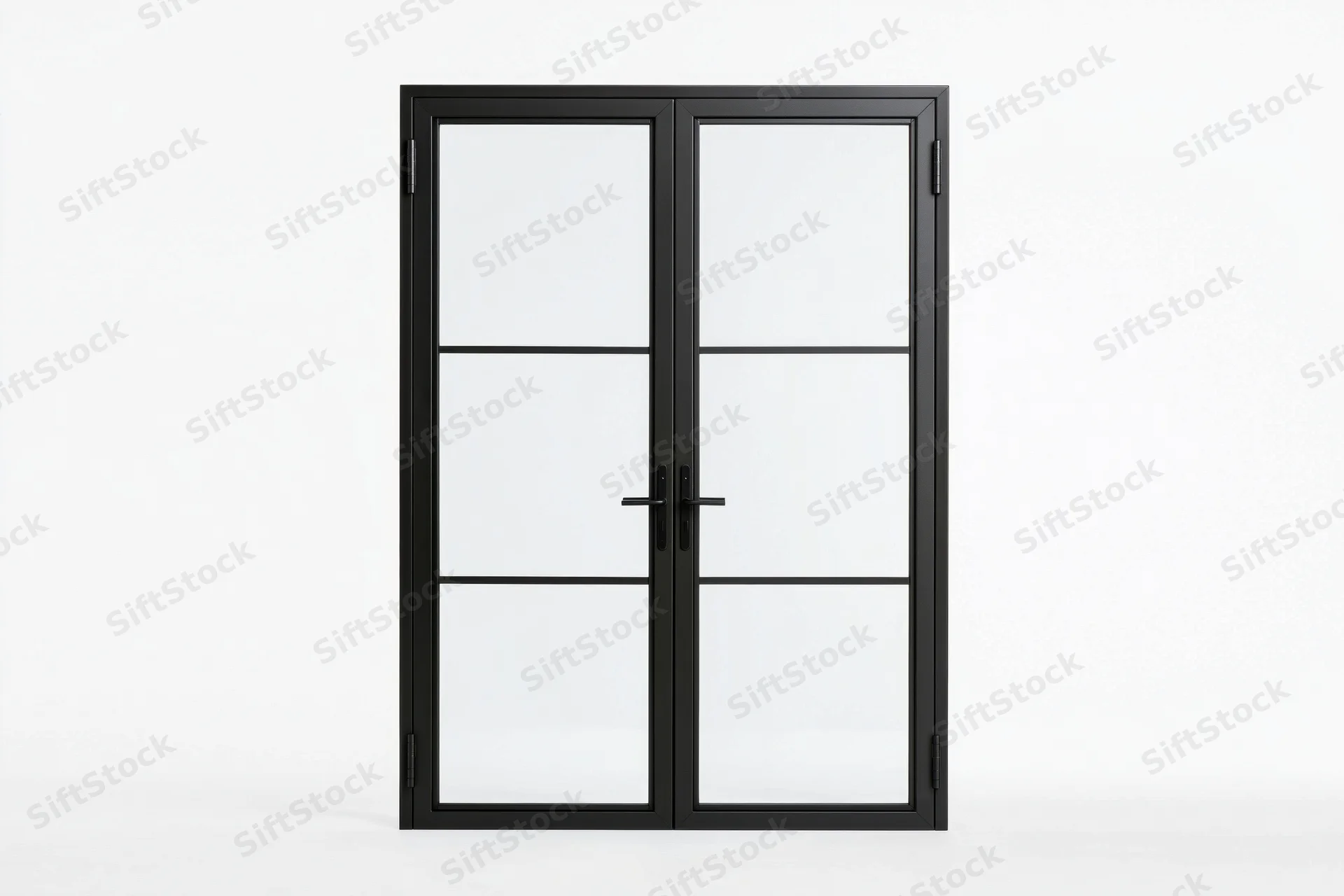 Black steel-framed french doors with glass panels on white background