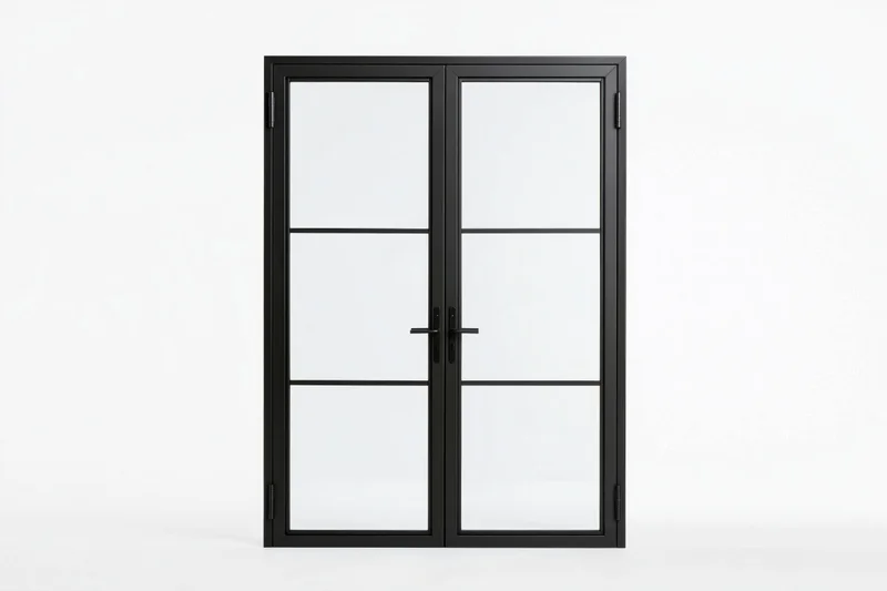 Black steel-framed french doors with glass panels on white background