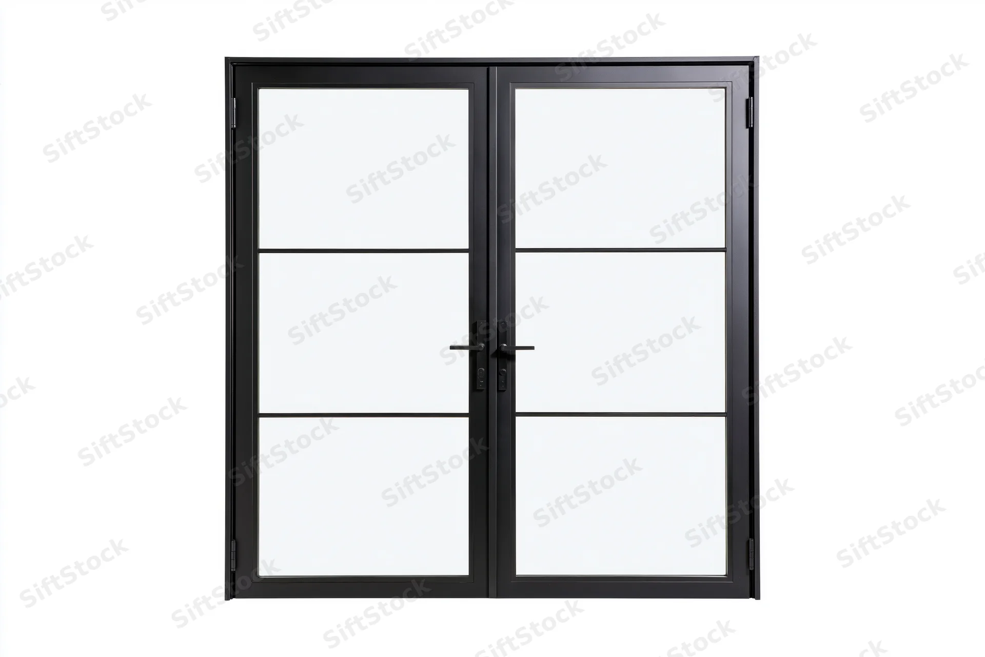 Black steel-framed french doors with glass panels and hardware on white background