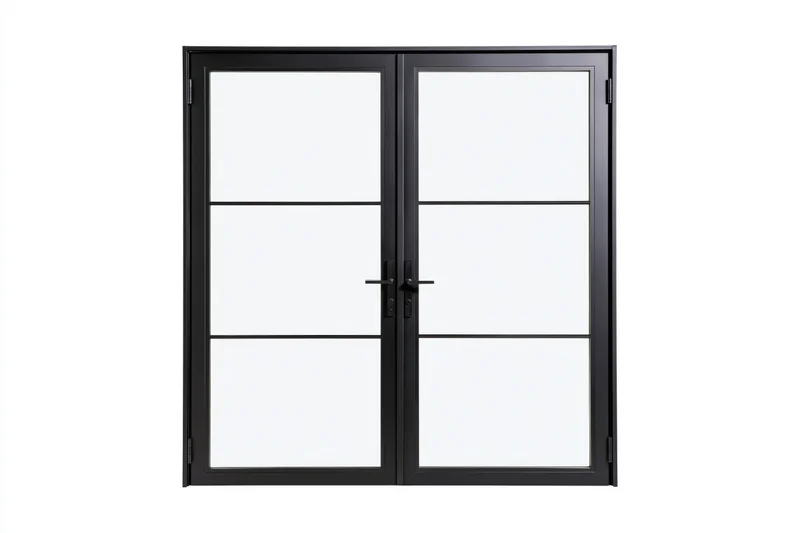 Black steel-framed french doors with glass panels and hardware on white background