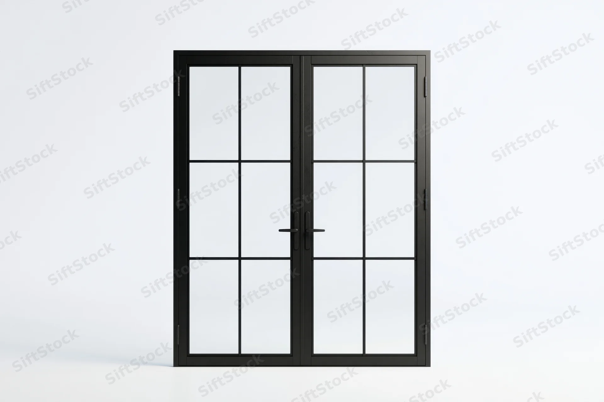 Black steel-framed french doors with glass panels on white background