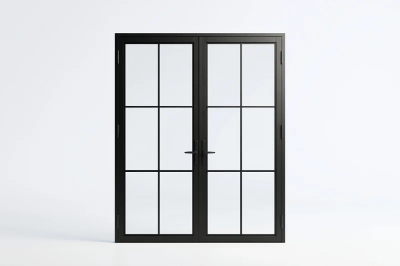 Black steel-framed french doors with glass panels on white background