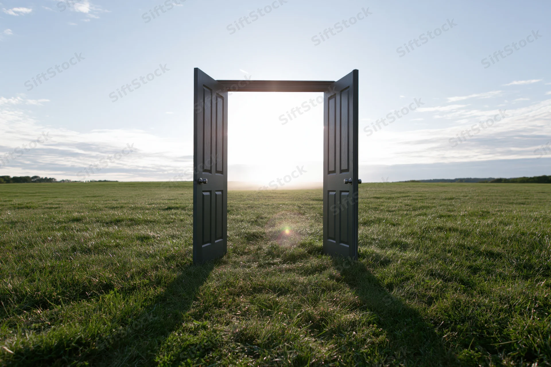 Open double doors in a grassy field with sunlight shining through at horizon