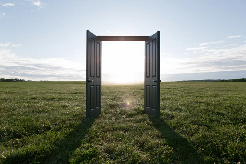 Open double doors in a grassy field with sunlight shining through at horizon