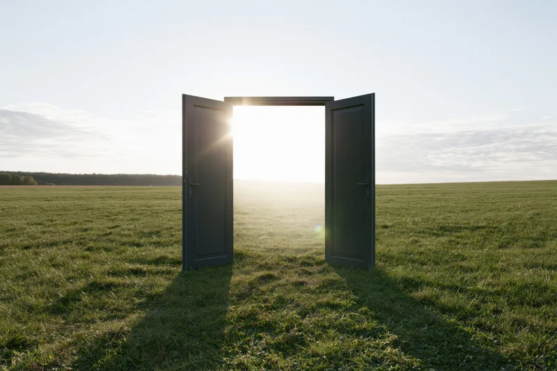 Open double doors in a grassy field at sunrise