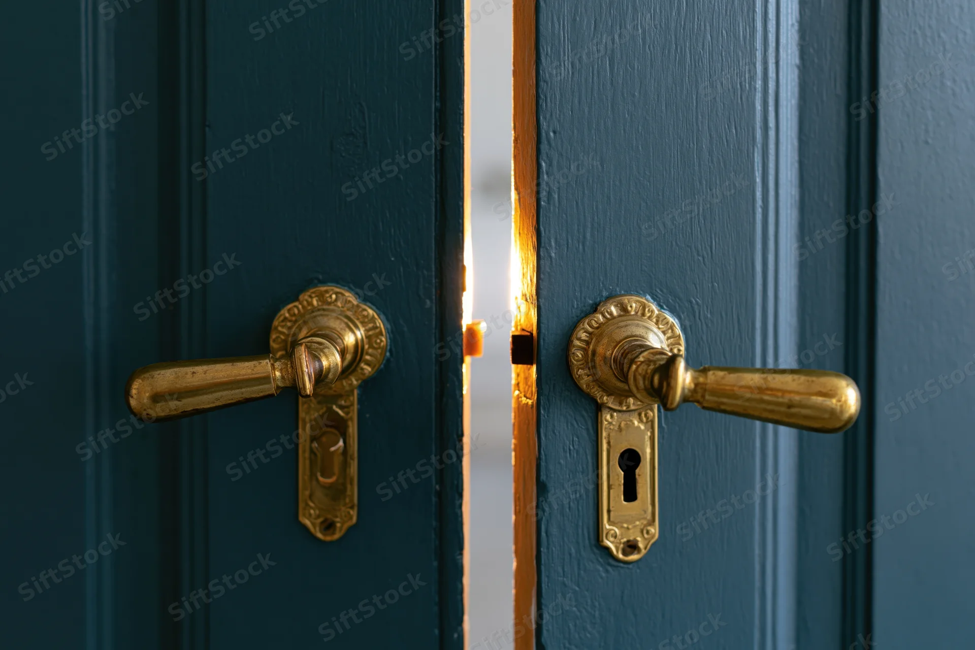 Ornate brass handles on a dark teal double door slightly ajar with light glowing through the gap