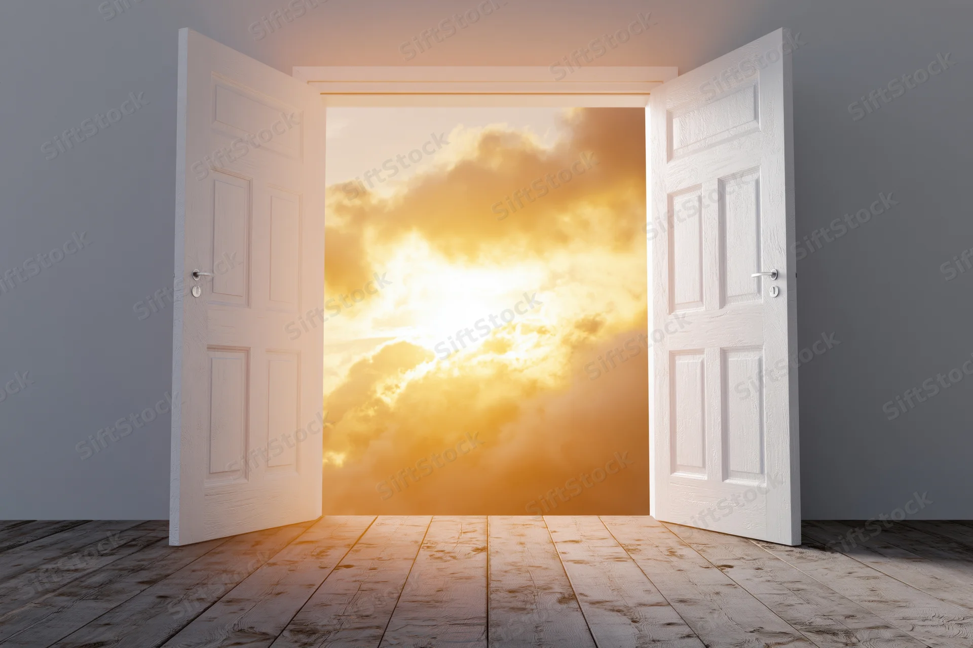 White double doors fully open to a sunrise sky view from an empty room with wooden floor