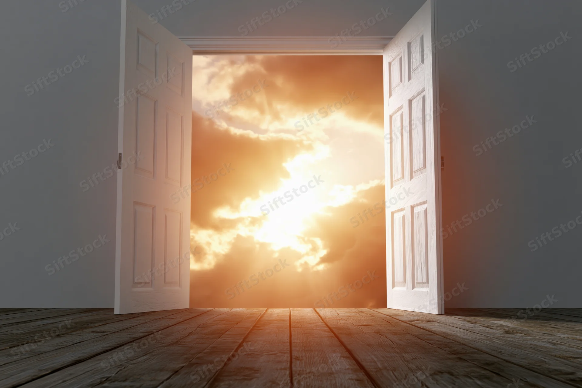 Open white double doors revealing a sunrise sky view from an empty room with wooden floor