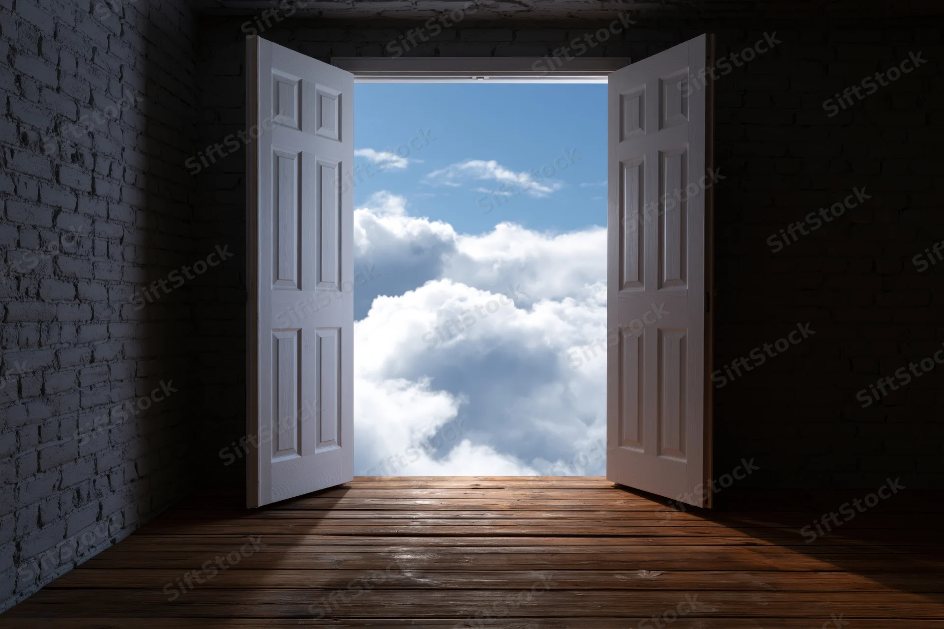 Open white double doors revealing a bright blue sky with clouds beyond a dark brick room