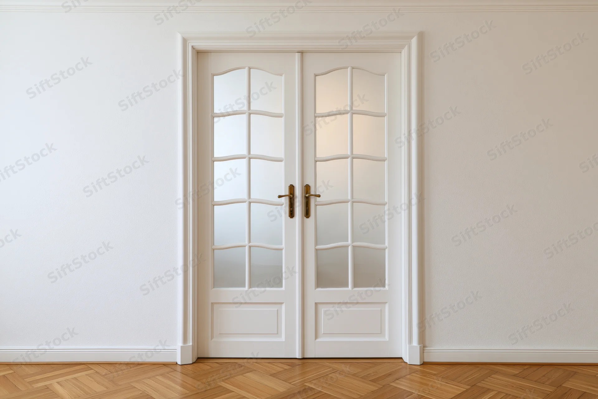 White double doors with arched frosted glass panels in a minimalist interior hallway