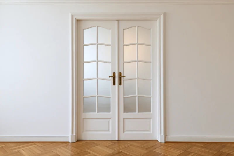 White double doors with arched frosted glass panels in a minimalist interior hallway