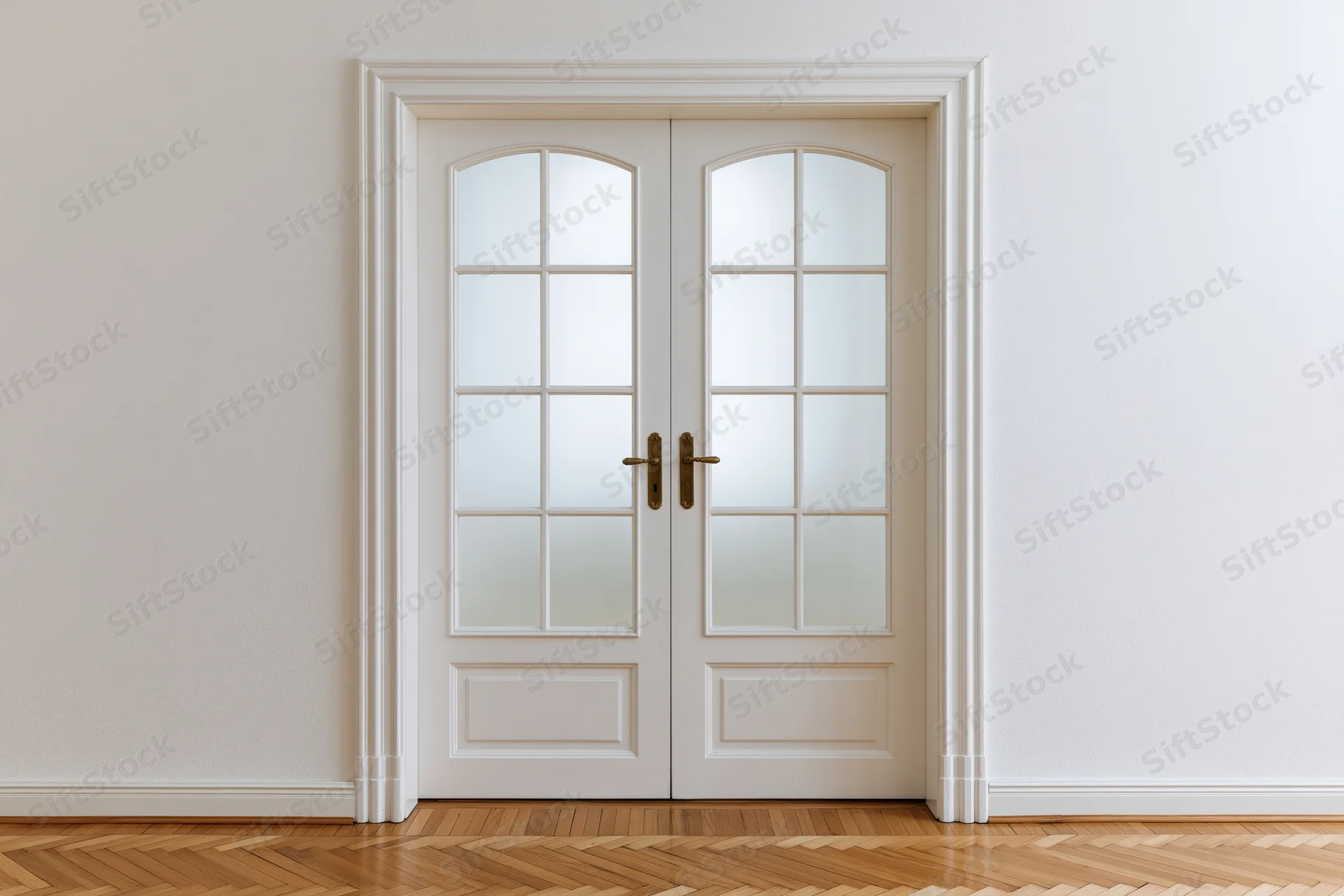 White double doors with arched frosted glass panels in a bright interior hallway