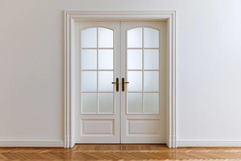 White double doors with arched frosted glass panels in a bright interior hallway