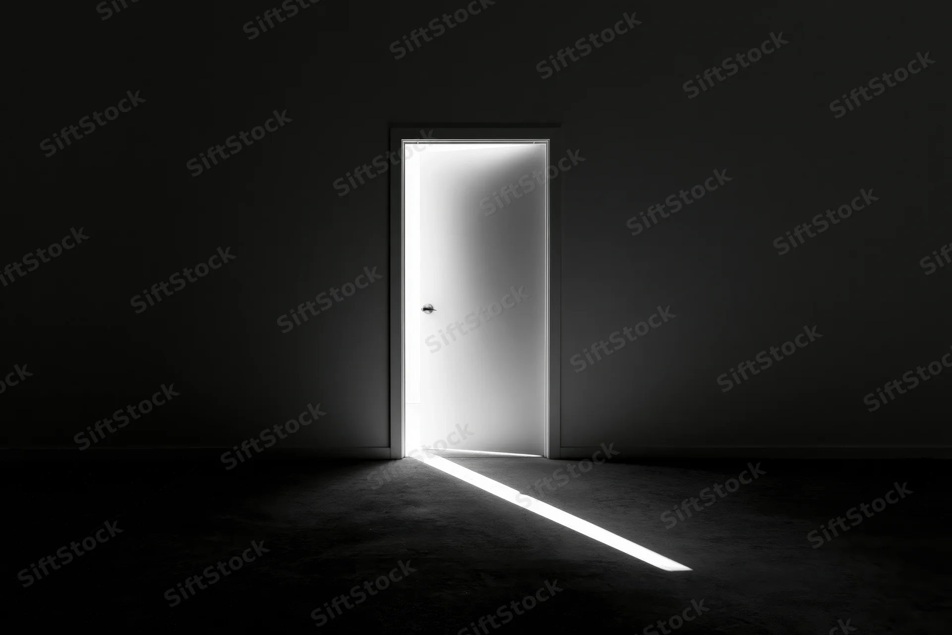 Slightly ajar door in dark room letting in bright light beam across floor