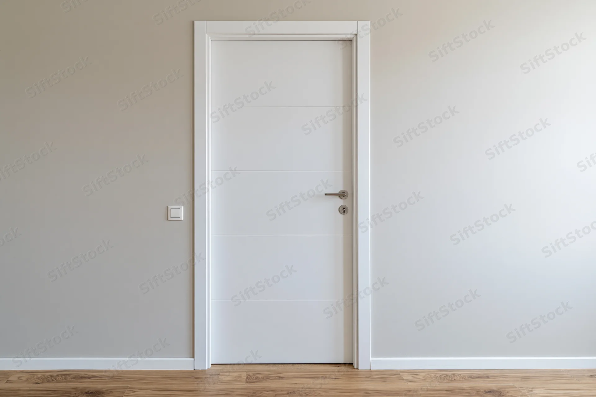 White interior door with brushed steel lever handle set in a minimalist hallway with wood flooring and plain walls