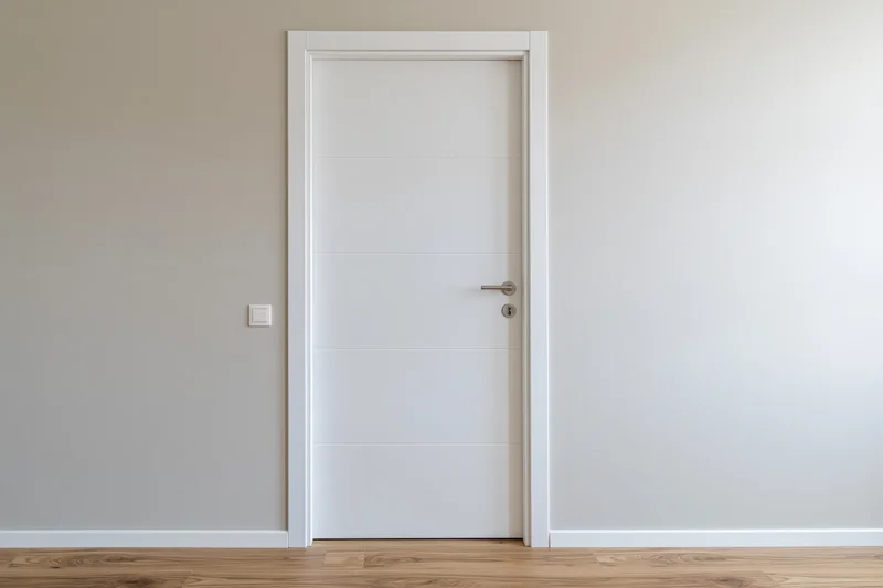White interior door with brushed steel lever handle set in a minimalist hallway with wood flooring and plain walls