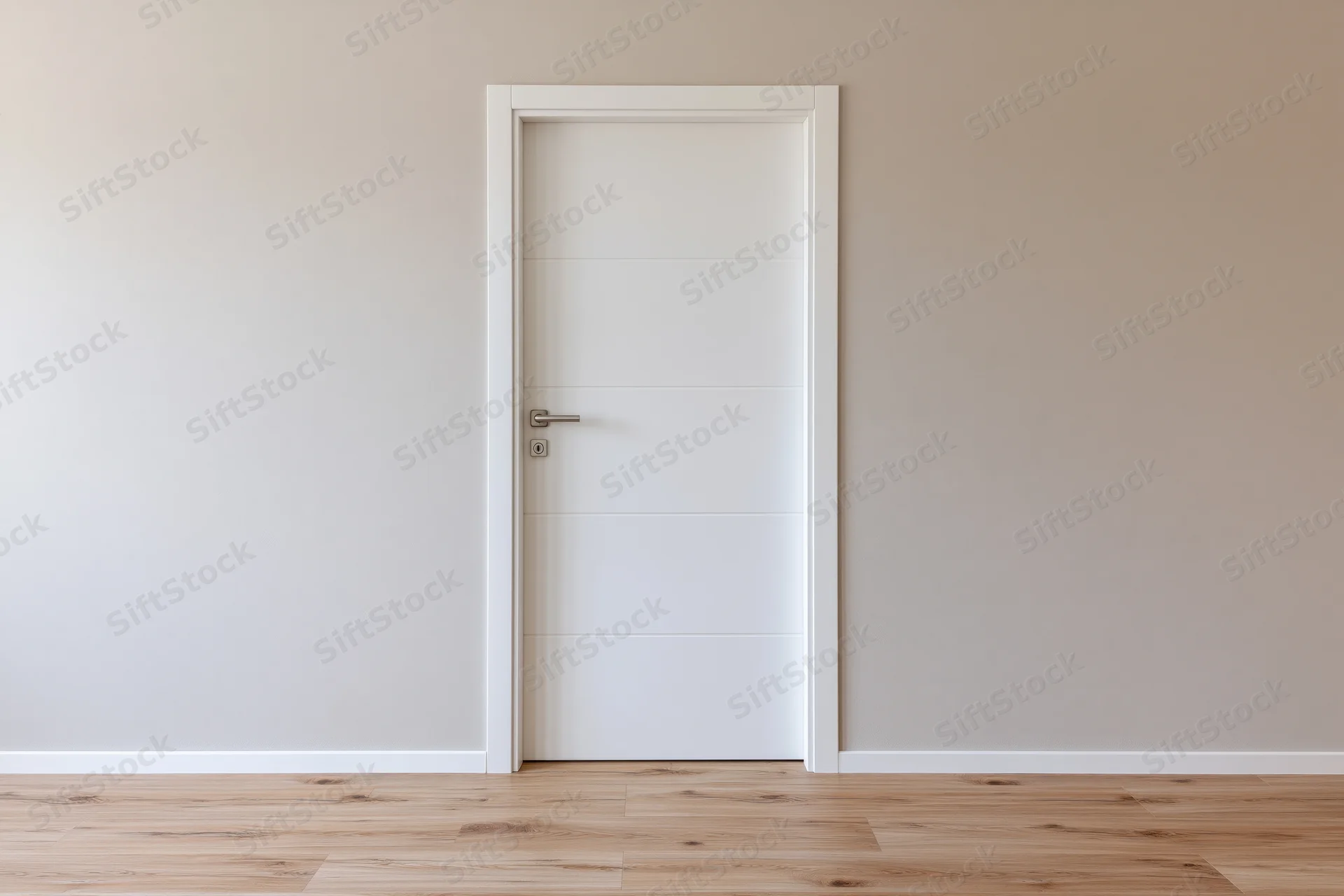 White interior door with brushed steel lever handle in a minimalist room with wooden flooring