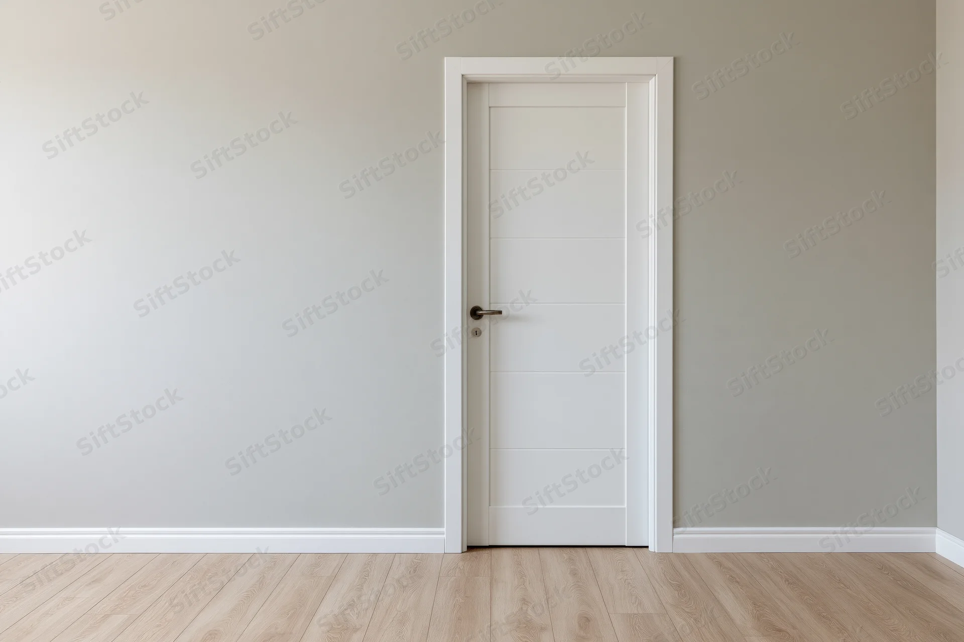 White interior door with brushed steel lever handle in a minimalist room