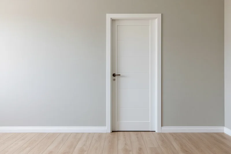 White interior door with brushed steel lever handle in a minimalist room