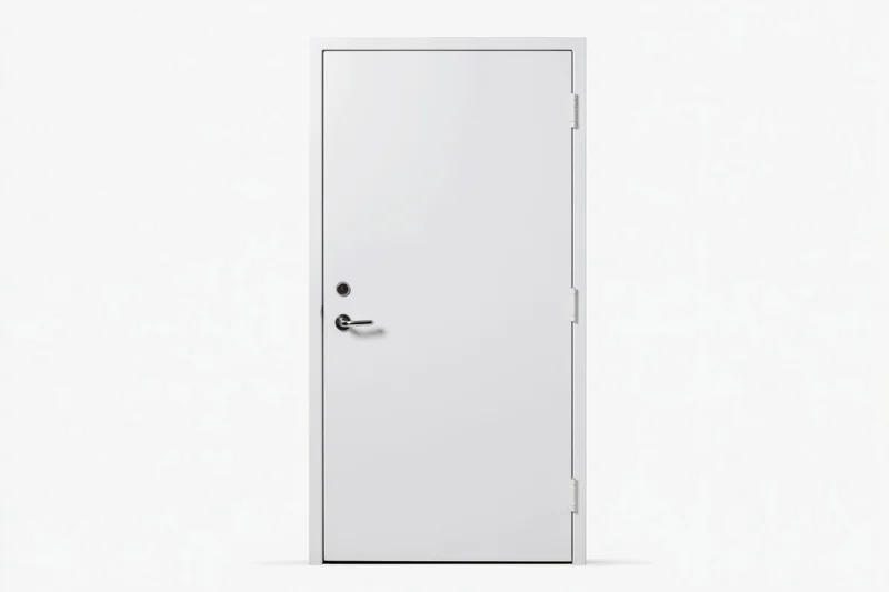 White steel door with lever handle and keyhole on plain background