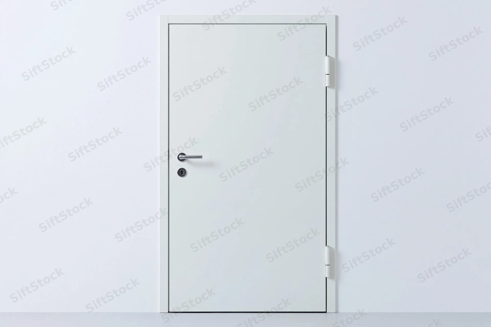 White steel door with lever handle and keyhole set in a plain white wall